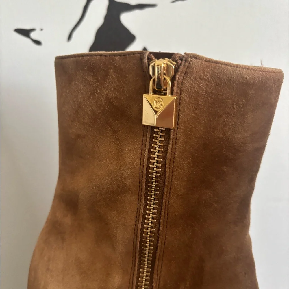 Michael Kors Cognac Suede Block Heel Ankle Boots with Gold Zip - Picture 2 of 5